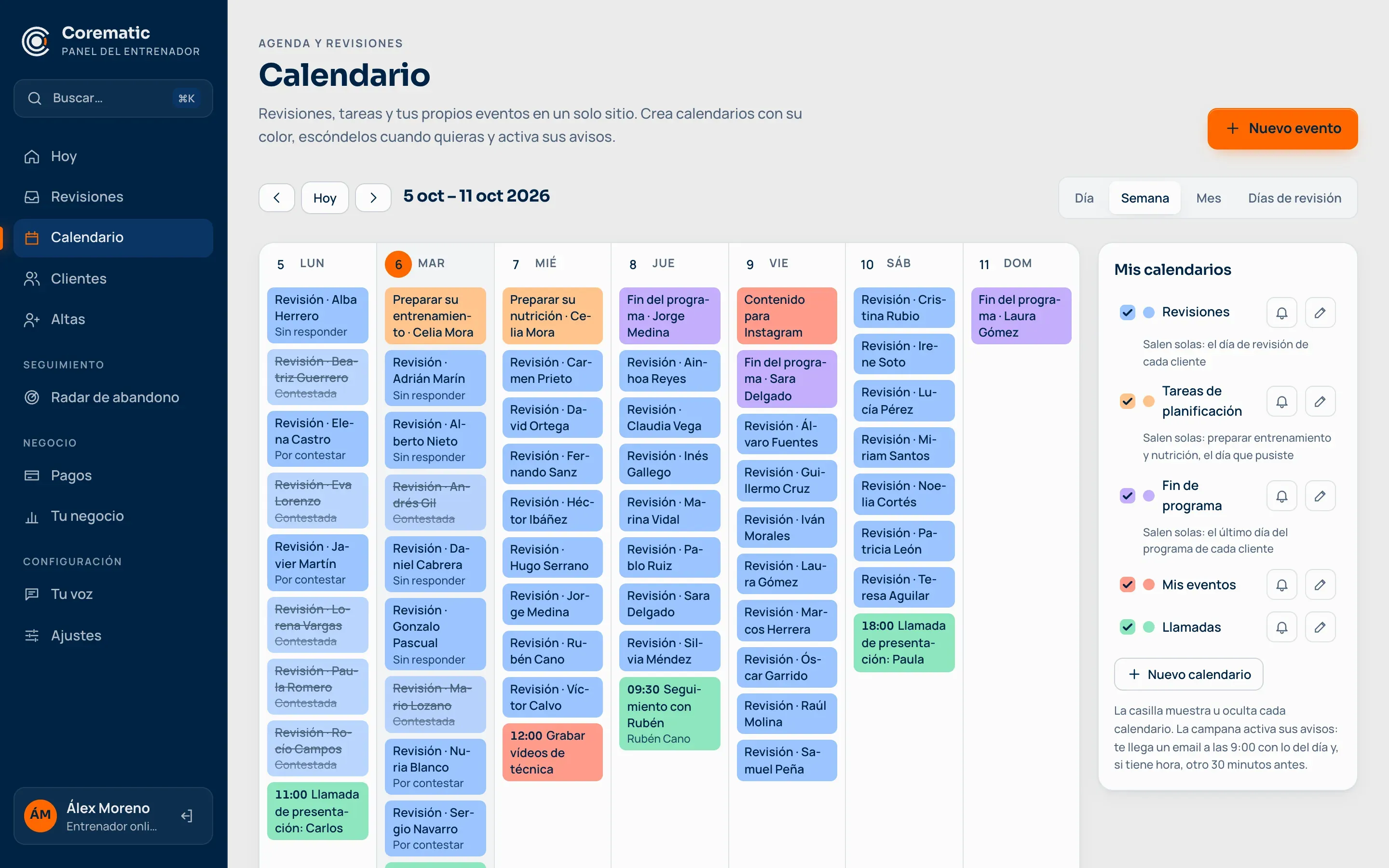 Calendario del entrenador con sus revisiones, tareas de planificación, llamadas y fines de programa.