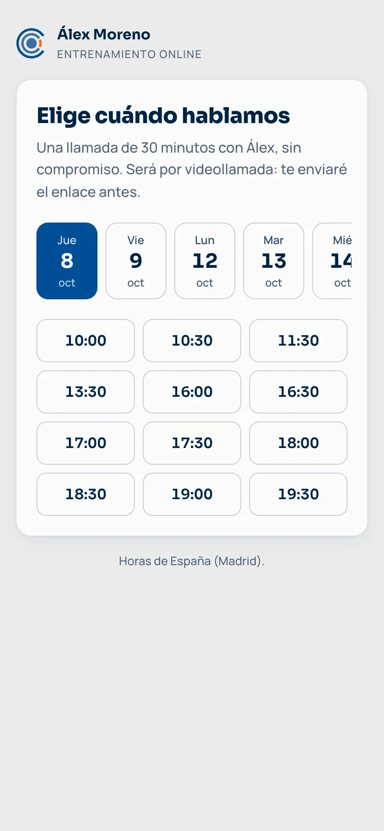La página donde el interesado elige el día y la hora de su llamada, con la marca del entrenador.