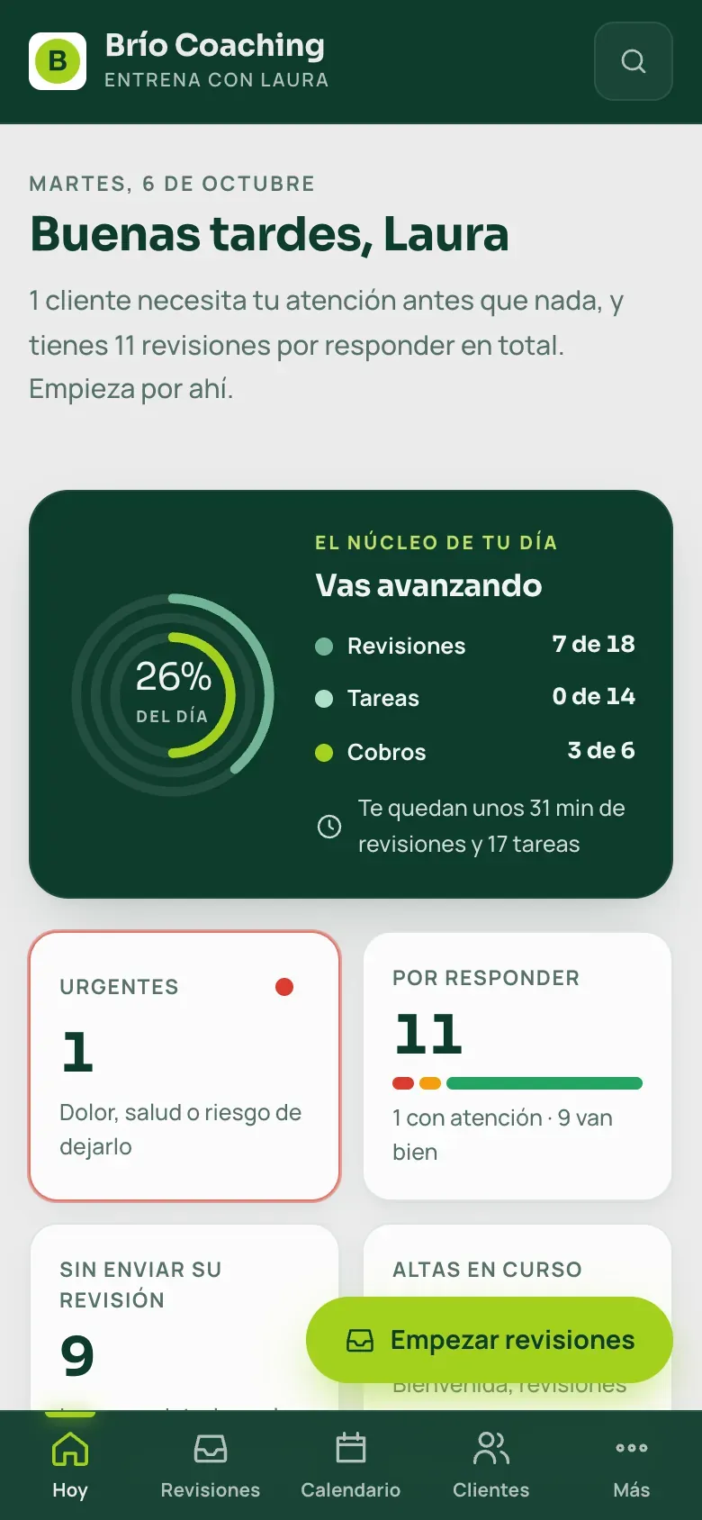 La pantalla «Hoy» con la marca de ejemplo «Brío Coaching» en el móvil.