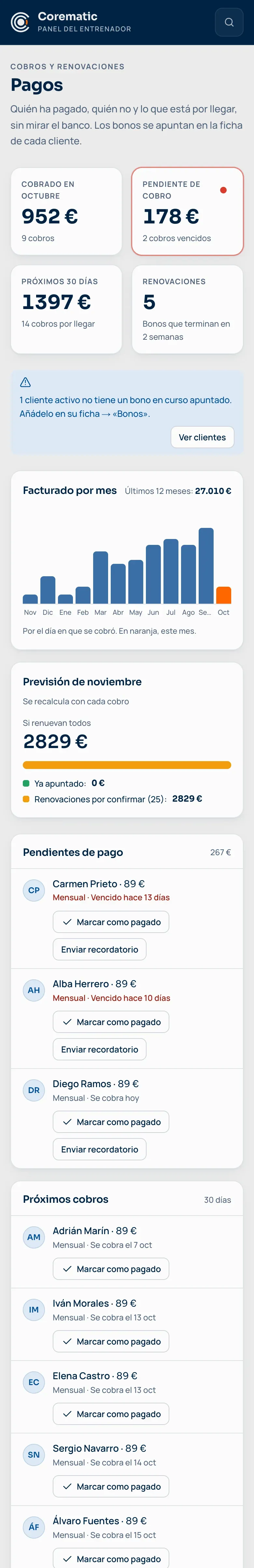 Pagos en el móvil: cobrado, pendiente, próximos cobros y renovaciones.
