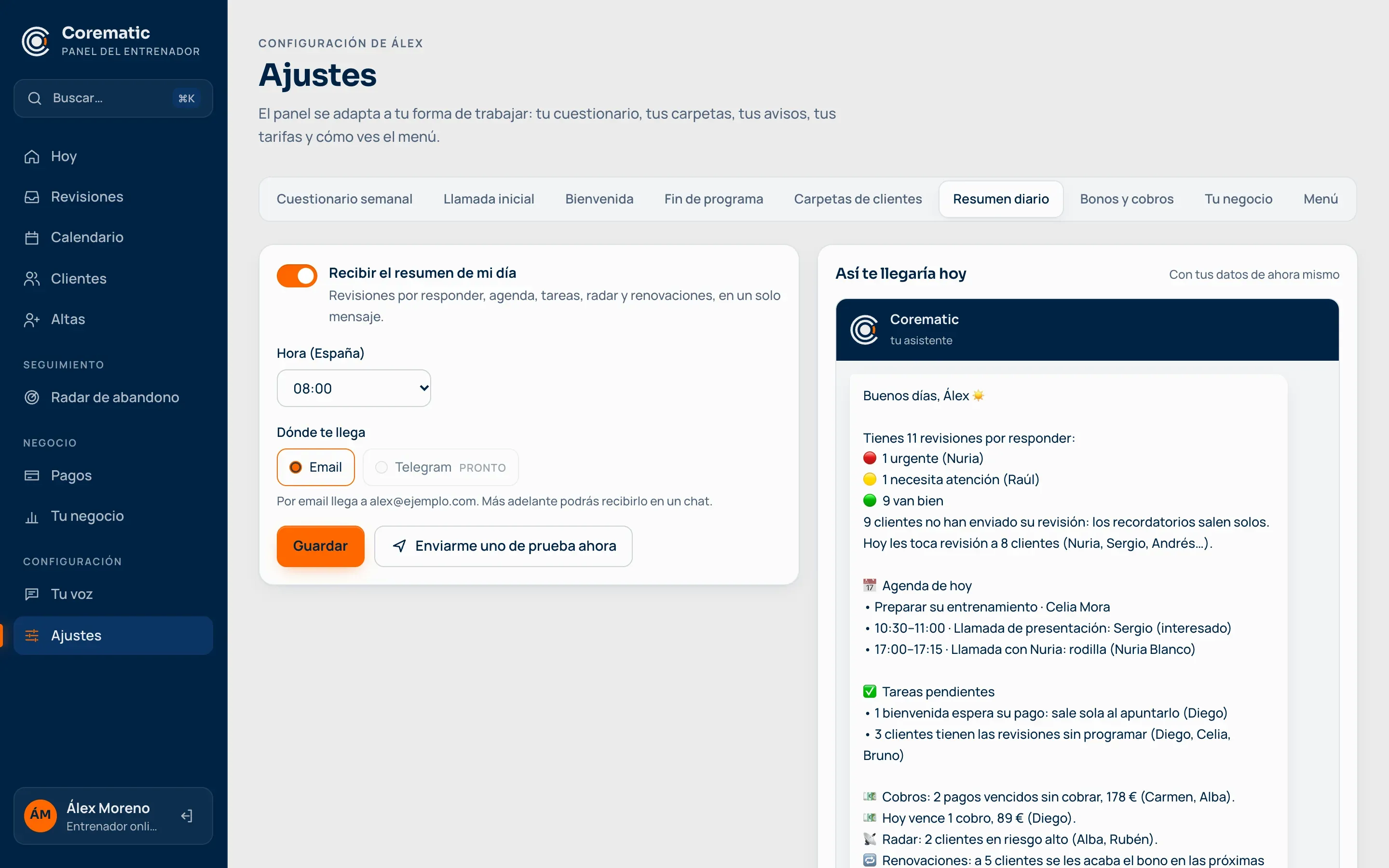 Ajustes del resumen diario con la vista previa del mensaje de cada mañana: revisiones por responder, agenda, tareas, cobros y radar.
