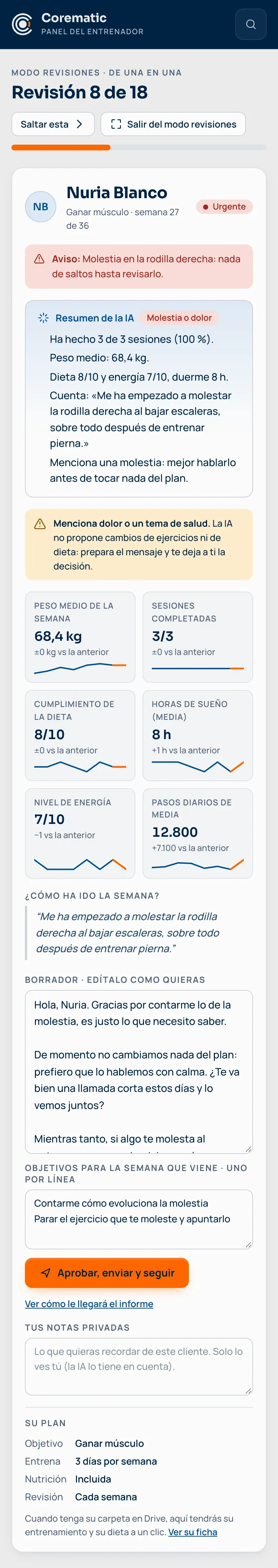 La misma revisión en el móvil del entrenador: aviso, resumen de la IA, cifras y borrador.
